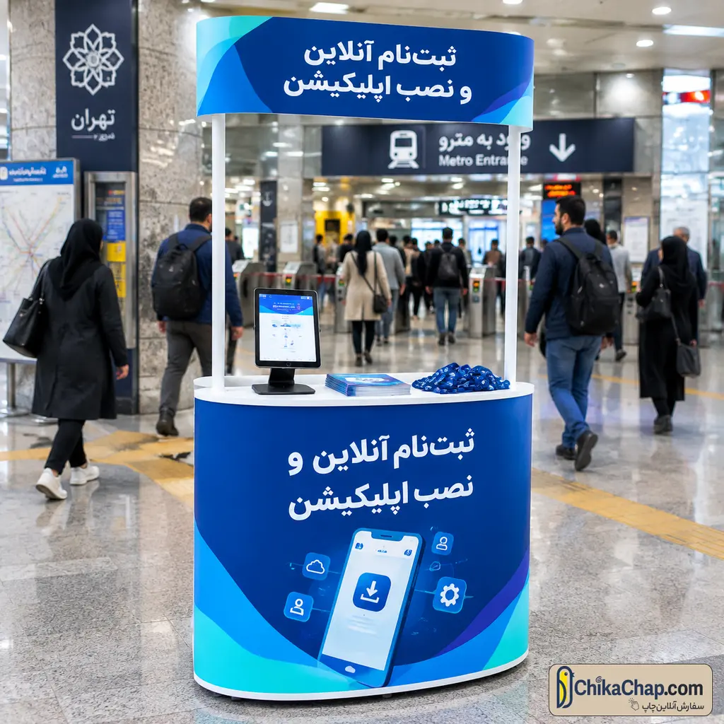 میز تبلیغاتی سرپایی و پرتابل ثبت نام خیابانی اسنپ و تپسی با تابلوی بالاسری و چاپ وینیل